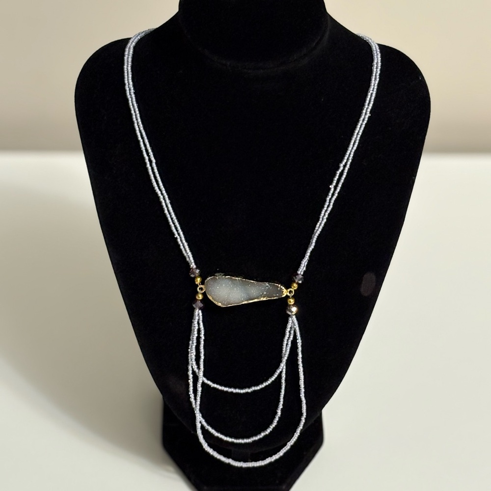 Custom-made, Elegant Light Purple-Gray-ish, Beaded Necklace with Gold Accents